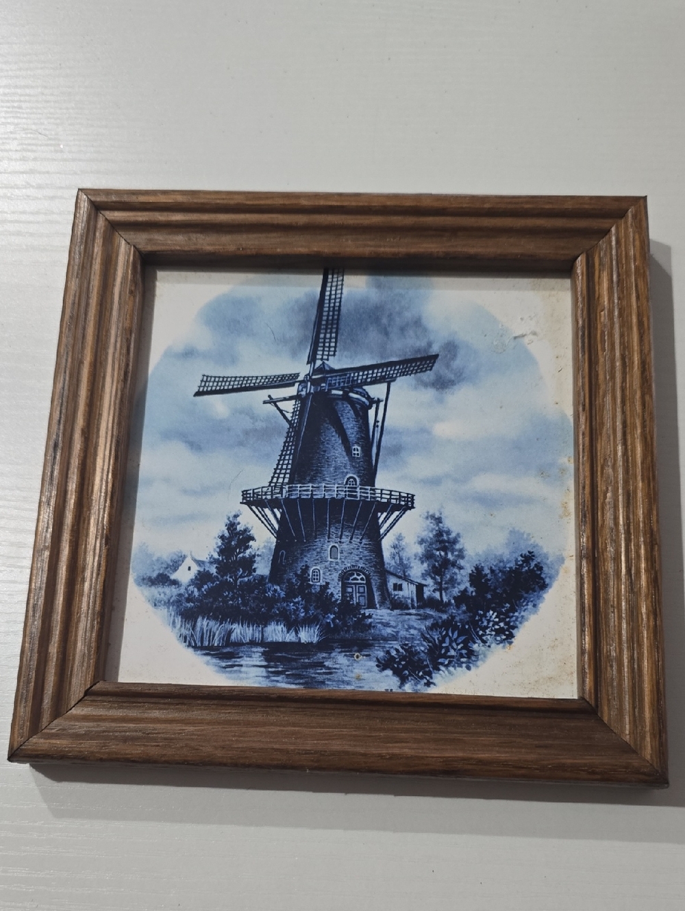 Vintage Blue Dutch Windmill Mosa Tile In Frame. Used